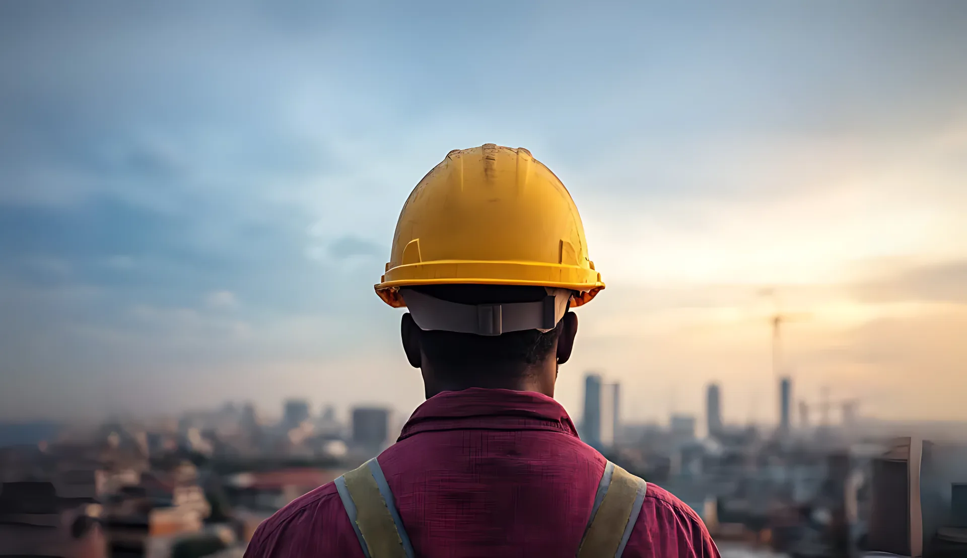 A construction worker in a yellow hard hat looking over a city skyline
