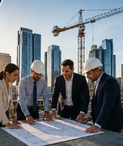 Architects, engineers and contractors reviewing plans on a rooftop with cranes behind them